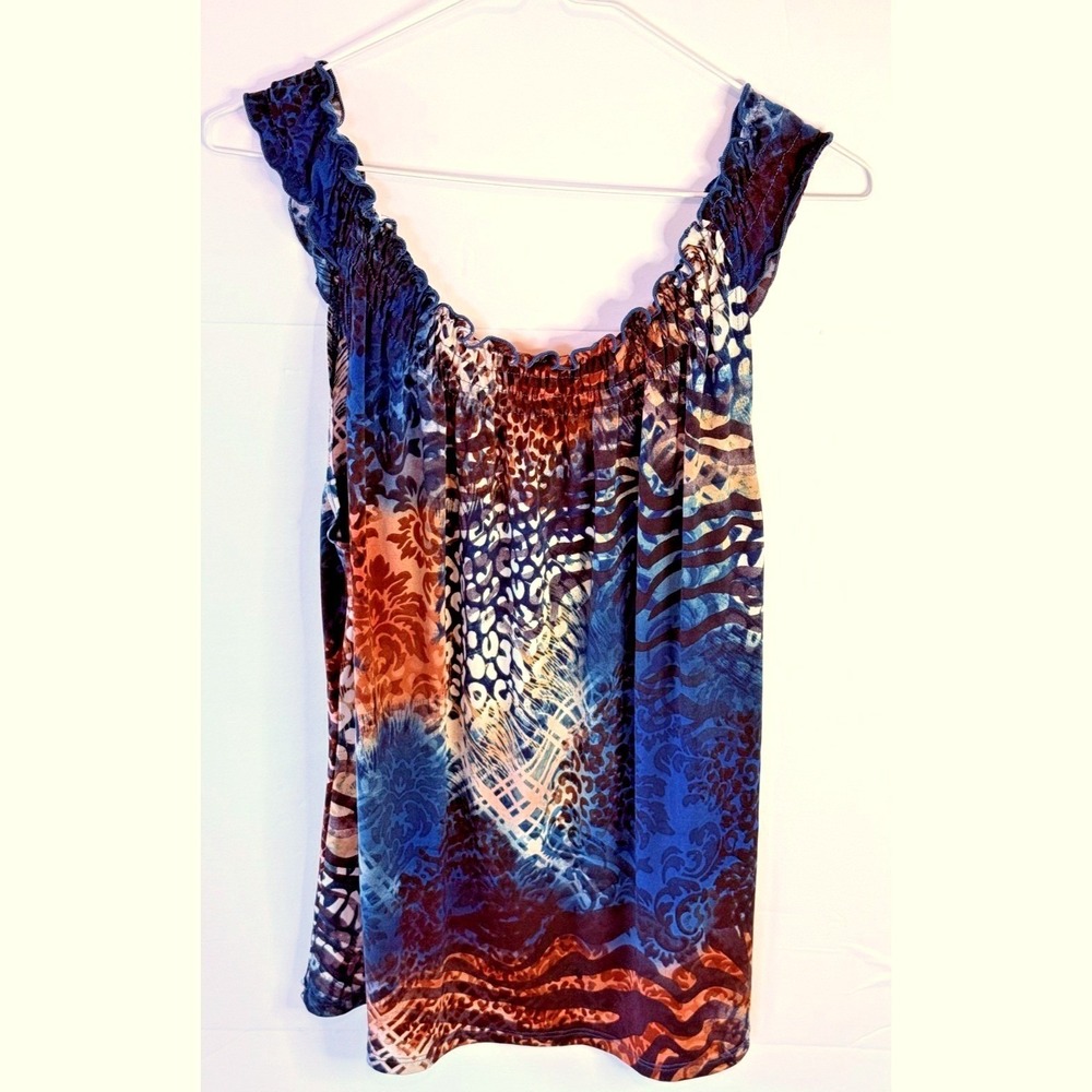 Y2K Mixed Animal Print Smocked Tank Top Blue Brown Lettuce Trim Earthy Artsy L